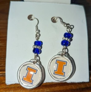 University Of Illinois Dangle Wire Earrings Illini Logo w/ Blue Beads - Picture 1 of 3