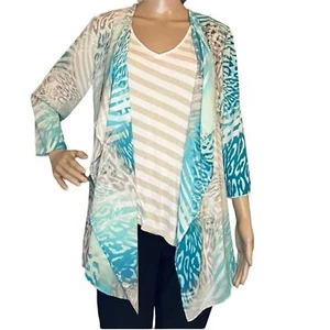 JM Collection Teal Blue Animal Print Open Front Kimono Cardigan Top Medium - Picture 1 of 8