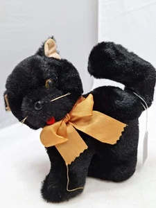 Vintage 6" Black Kitten w/Orange Bow Halloween Plush 1960s - Picture 1 of 6
