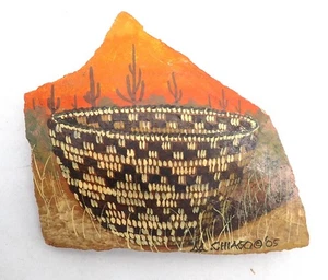 FAMOUS NATIVE AMERICAN ARTIST MICHAEL CHIAGO BASKET PAINTING ON POTTERY SIGNED - Picture 1 of 3