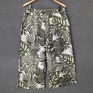 Elie Tahari Crop Pants Womens Large Linen Wide Leg Pull On Tropical Palm Leaves - Picture 1 of 13