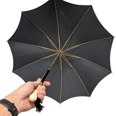 Винтажный 34-дюймовый черный зонт H-J Haas Jordan с белой бакелитовой ручкой Toledo 400 - Изображение 1 из 4