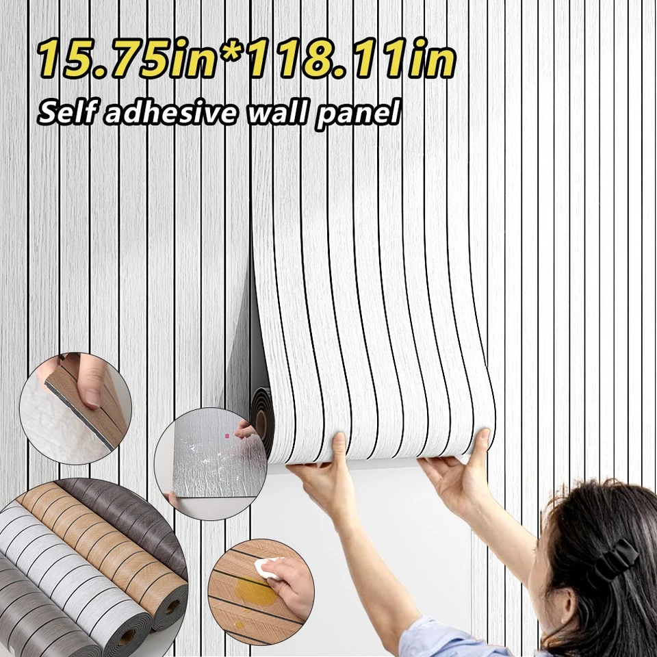Wood Grain Slat 3D Wall Panel -15.75"x118" Soundproof Self-Adhesive Wall Sticker - Image 1 of 4