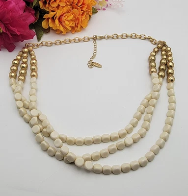 Collar Plunder Crema Lucita Y Tono Dorado Multi Hilos Capas 26" Ajustable Foto 1 de 4