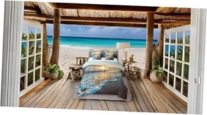 Beach Themed Comforter Set Size 7 Pieces Ocean Sea Queen Deep Brown Yellow - Picture 1 of 8
