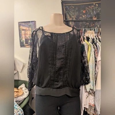 Double Zero Black Lace Top With Side Ties Size Small Sheer - Image 1 of 4