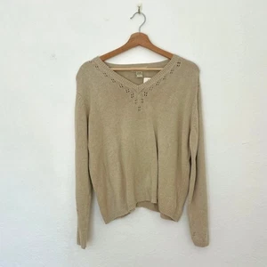 Eddie Bauer – Vintage Linen-Cotton Blend Oatmeal Crochet Knit Sweater Size L - Picture 1 of 6