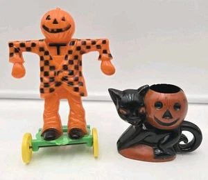 Vintage Rosbro Plastics Halloween Scarecrow & Black Cat Candy Holder USA - Picture 1 of 13