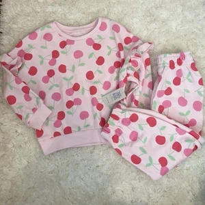 365 Kids Girls Cherry Ruffle Jogger Pants and Sweatshirt Set Pink 4 - Picture 1 of 6