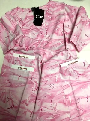 Scrub DUDZ Pink Tops 3 Pockets (CANCER RIBBON) assorted sizes NWT, Free shipping - Image 1 of 2
