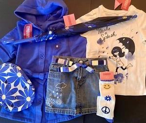 NWT Girls 5 Gymboree “FLOWER SHOWERS” 7pc TOP BELT SKIRT SOCKS HAT UMBRELLA COAT - Picture 1 of 12
