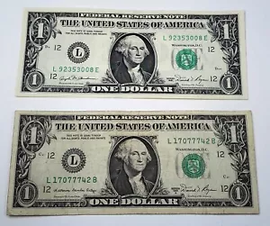 (2) 1981 $1 Dollar Bills Serial #L92353008E & Fancy Serial #L17077742B - Picture 1 of 12