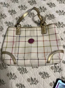 Authentic Coach, Peyton Tattersal Travel, Tote, Bag, Purse, White And Gold  - Picture 1 of 12