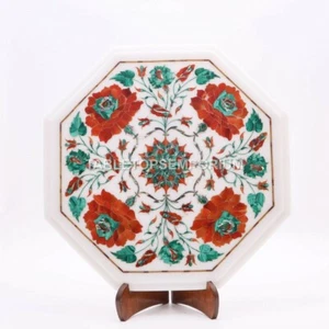 Marble Custom Corner Top Table Carnelian Marquetry Floral Inlaid Stone Art Decor - Picture 1 of 5
