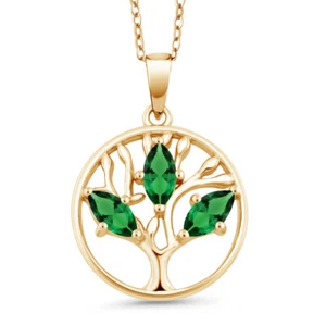 18K Yellow Gold Plated Silver Simulated Emerald Tree of Life Pendant Necklace - Picture 1 of 4