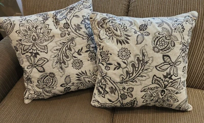 Embroidered Linen blend gray embroidered pillows,  18" 18"  feather fill - Image 1 of 4
