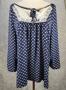 Rewind Top Damen XL blau Spitze Lagenlook kastig entspannt Chevron-Besatz Bürokleidung - Bild 1 von 10