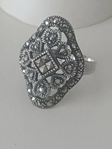 Antique Edwardian RING Sterling Silver 925 Marcasite ca. 1910 - Size 8 ~ S6 - Picture 1 of 14