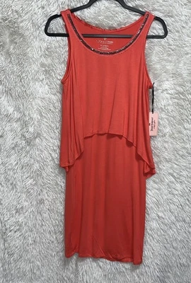 Juicy Couture Dress Women's Size XS Orange Embellished Neck Overlay Sheath Midi - Image 1 of 4