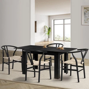 Oikiture 160cm Extendable Dining Table with 4x Hans Wegner Dining Chairs Black - Picture 1 of 10