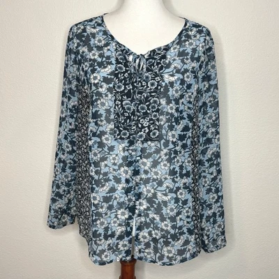 Top J. JILL Campesino Transparente LG PETITE Azul Floral LS Boho Cottage Core Bohemio Foto 1 de 4
