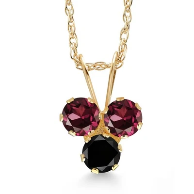 Collar colgante de 3 piedras de oro amarillo de 14 quilates granate rodolita y diamantes negros para Foto 1 de 4