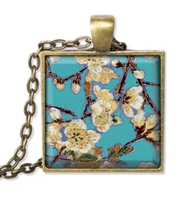 Turquoise Cherry Blossom Flowers - Handmade Square Glass Pendant Necklace 25mm - Picture 1 of 7