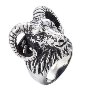 Vintage Curved Horn Goat Head Ring Stainless Steel Gothic Biker Heavy Ram Ring - Picture 1 of 5
