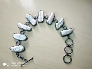 Natural Baroque Pearl 925 Sterling Silver Black Plated Bracelet Valentine'Gift - Picture 1 of 2