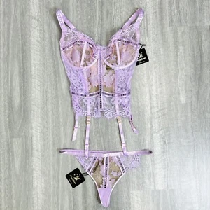 Honey Birdette Molly Lilac Corset Bustier Thong Brief Set Lace Sexy Size 10G - Picture 1 of 8