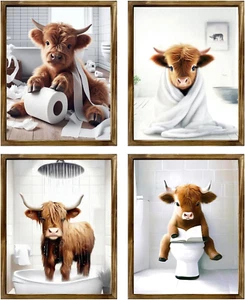 Highland Cow Bathroom Wall Art Prints, Rustic Decor, Unframed, 8X10 Inches, 4 Pc - Picture 1 of 12