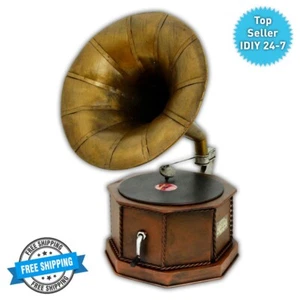 Vintage Retro Look Black Tin Metal Gramophone Ornament Garden Home Decoration - Picture 1 of 3