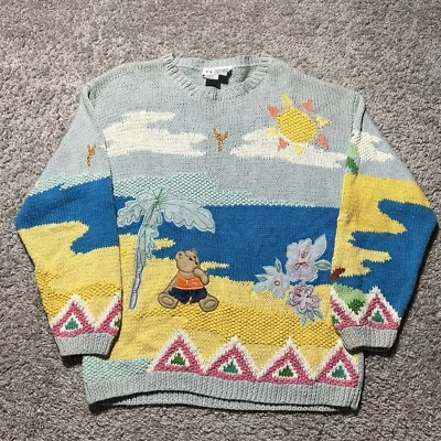¡Juntas para mujer vintage años 90! Suéter tejido Teddy Bear Cottage lana playa sol Foto 1 de 4
