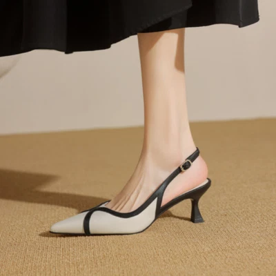 Sandália Feminina Moda Couro Biqueira Pontiaguda Dois Tons Salto Médio Sapatos GAOO - Imagem 1 de 4