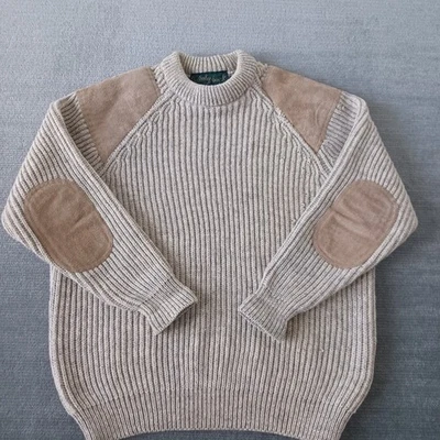 Шерстяной английский шерстяной свитер мужской размер XL бежевый трикотажные тяжелые замшевые нашивки на локти - Изображение 1 из 4