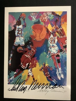LeRoy Neiman Signed Postcard Promo Bulls Michael Jordan 1991 Rare Autograph JSA - Image 1 of 4
