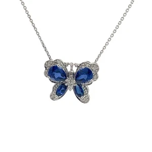 10k White Gold Lab Created Sapphire and Diamond Butterfly Necklace 18" - Picture 1 of 4