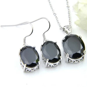 Party Jewelry Set Oval Shaped Black Onyx Gems Silver Necklace Pendant Earrings - Picture 1 of 7