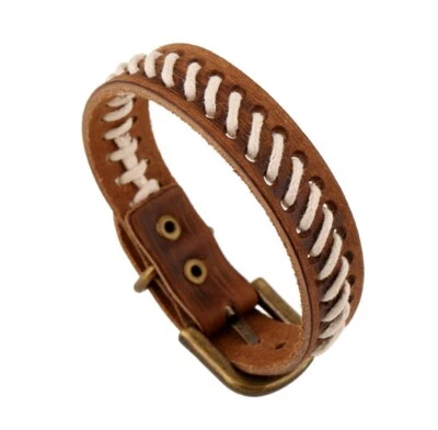  Pulsera/pulsera de cuero genuino marrón cuerda blanca para hombre/mujer Foto 1 de 4