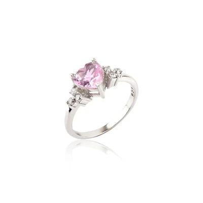 Anillo de cuarzo rosa enchapado en oro blanco de plata de ley 925 para mujer en forma de corazón Foto 1 de 4