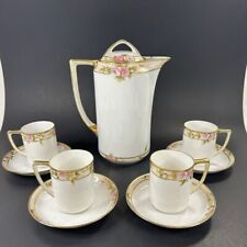 Antique Coffee Pot Demi Cups Saucers Hand Painted Roses Gold 10 Piece Set Nippon