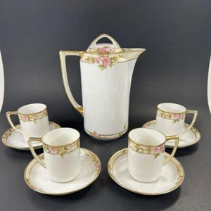 Antique Coffee Pot Demi Cups Saucers Hand Painted Roses Gold 10 Piece Set Nippon - Picture 1 of 17