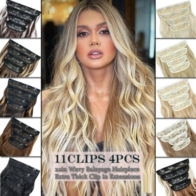 Clip de cabeza completa largo en extensiones de cabello REALES 100 % naturales como humano grueso 4* piezas Foto 1 de 4