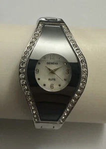 Geneva Elite Watch Women Silver Tone Open Cuff W/ Mirror Bezel SEE PHOTOS - Picture 1 of 13