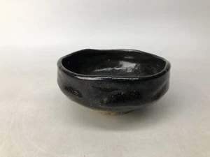 Y8175 CHAWAN Raku-ware black flat summer bowl signed Japan antique tea ceremony - Picture 1 of 10
