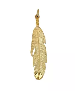 14K Solid Yellow Gold Feather Charm Pendant 1.81 in - Picture 1 of 4