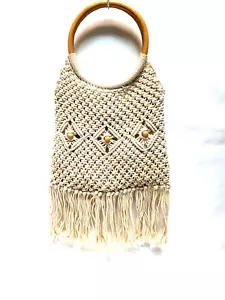 Handmade Knitted Vintage Handbag Wood Ring Handles Tassel Hippy Natural Crochet - Picture 1 of 9