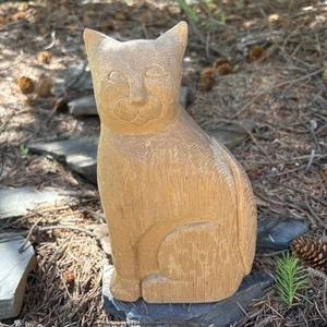 Vintage Folk Art Cat Wood Carving Statue Figure Whimsical Whittled Kitty Signed - Picture 1 of 10