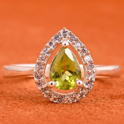 3.50crt Pear Cut Natural Peridot and Diamond Gemstone Ring 18K White Gold Plated - Image 1 of 4