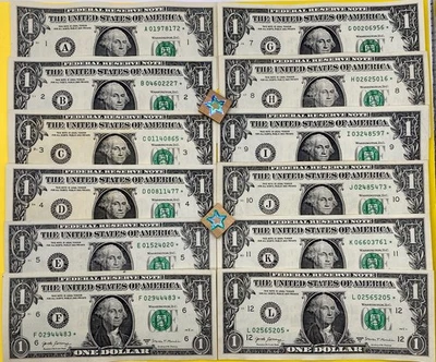 STAR NOTE DISTRICT 12 FULL SET (A,B,C,D,E,F,G,H,I,J,K,L)Fancy $1 One Dollar Bill - Image 1 of 4